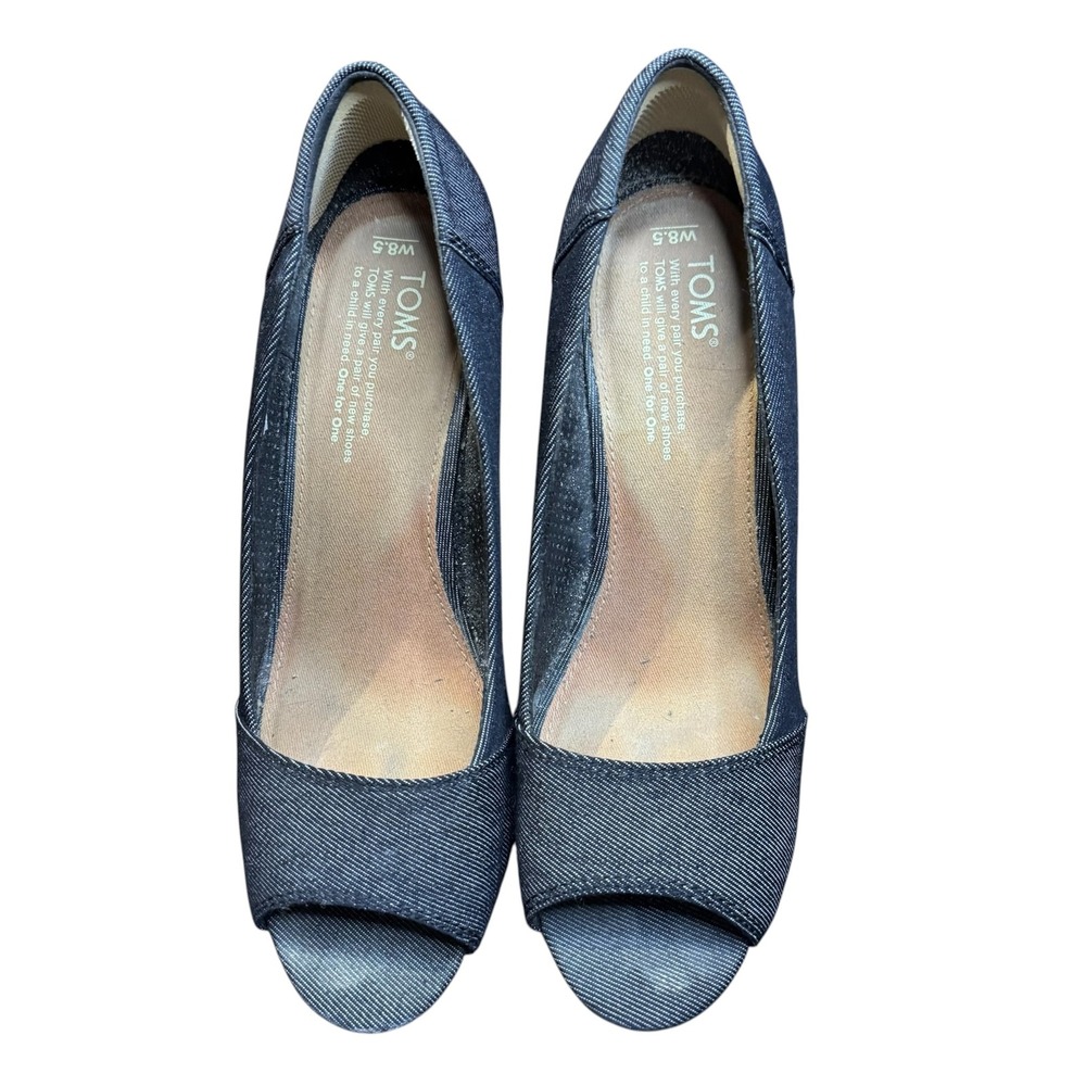 TOMS Womens Size 8.5 Blue Denim Peep Toe Cork Wedge Pumps 1003741116